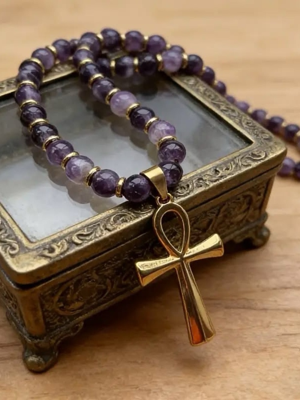Purple amethyst Beaded Necklace with Gold plated Ankh Pendant. - Picture 3 of 3